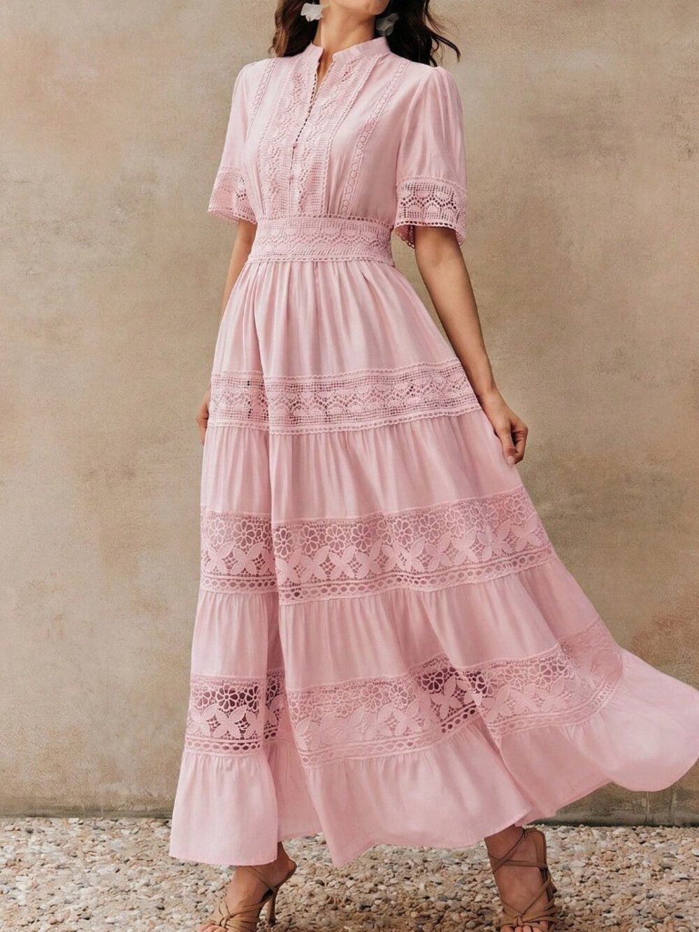 Dusty Pink Boho Women's Lace Crochet Short Sleeve Flared Dress - Picture 7 of 7